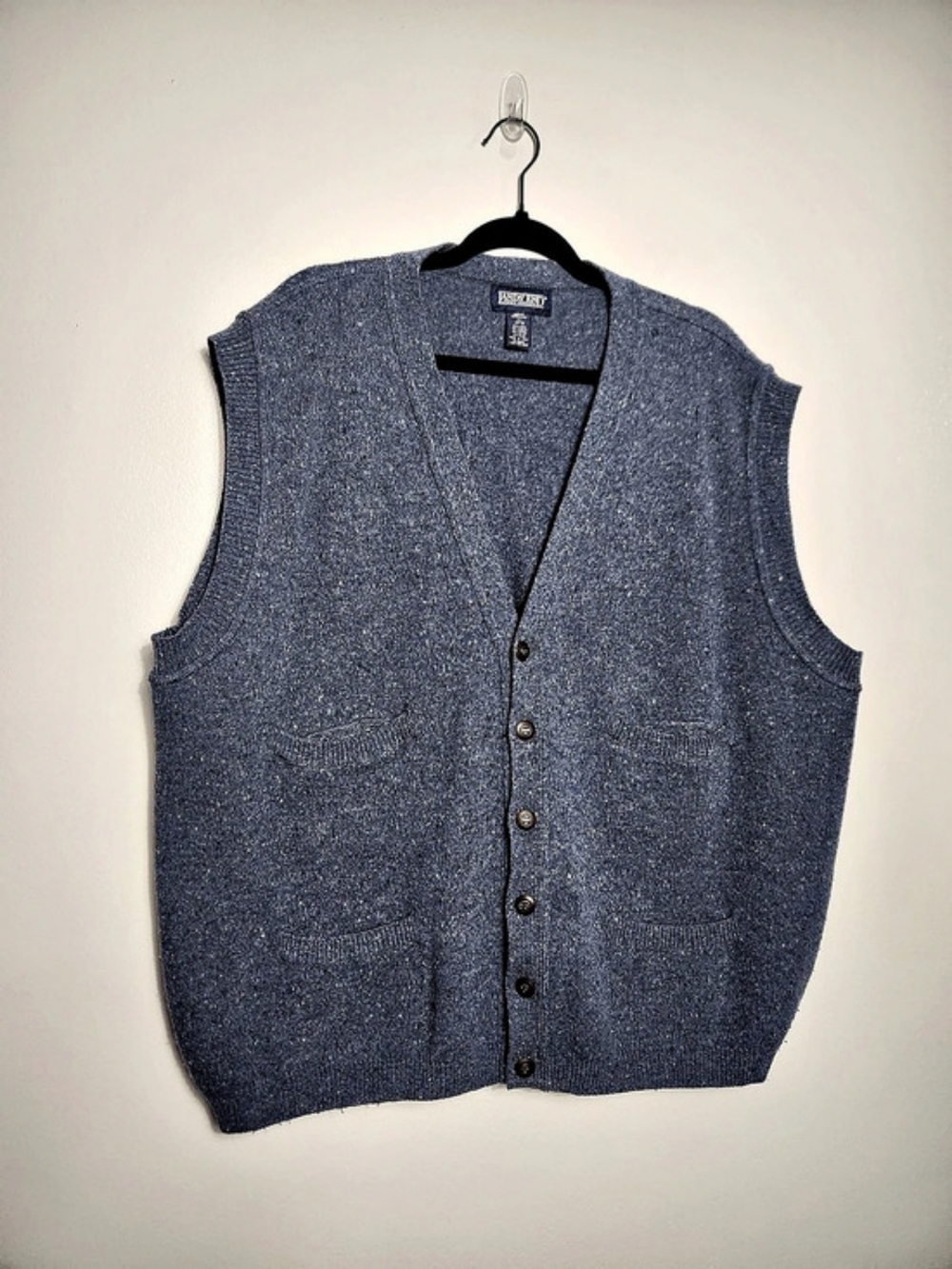 Vintage Lands' End Wool Blend Flecked Knit Button Vest Sweater Blue Size XL